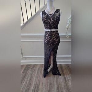 Elegant Black & Nude Lace Evening Dress
